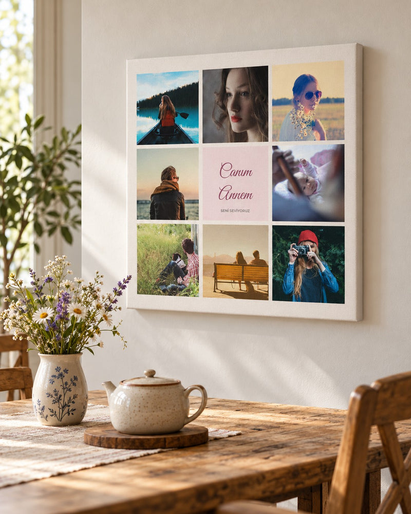 8 Fotoğraflı Anneye Hediye Kanvas 40x40 – duvarda temsili kanvas görseli