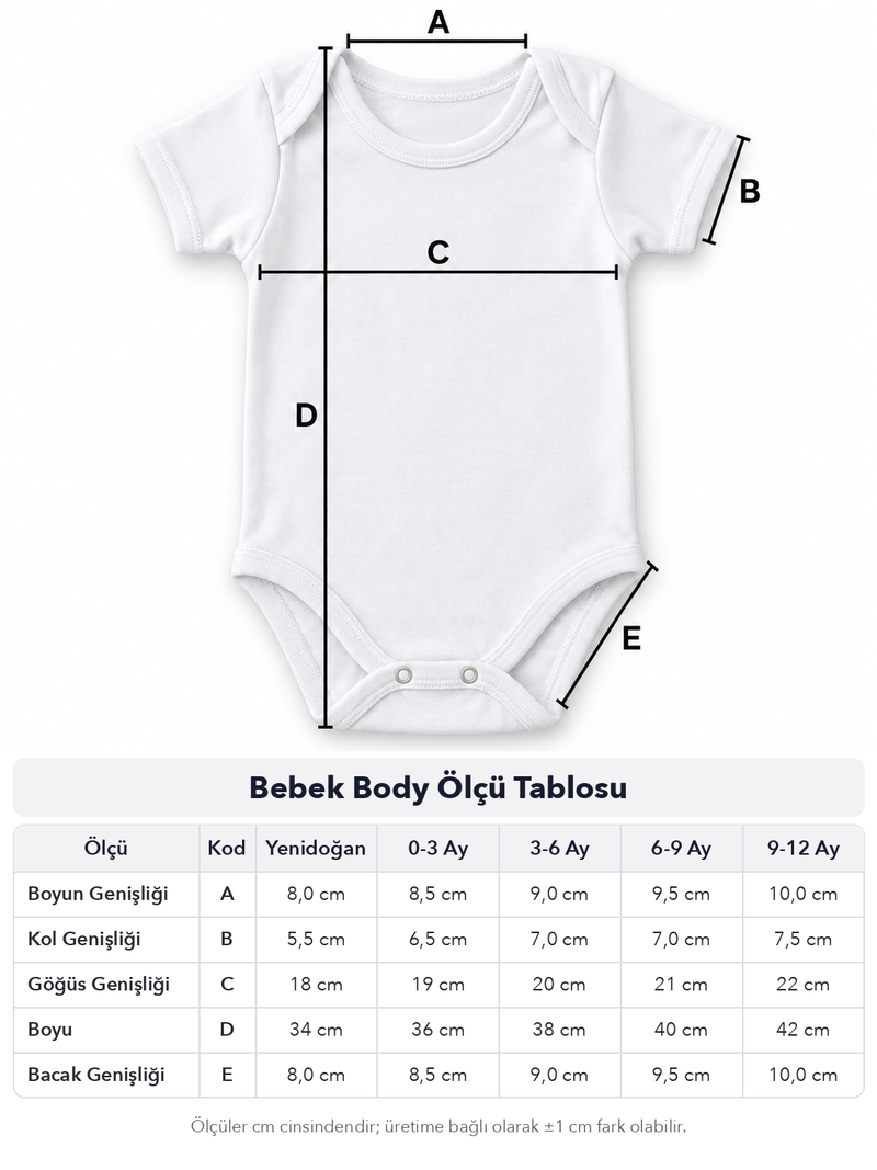 Bebek body ölçü tablosu: yenidoğan, 0-3, 3-6, 6-9 ve 9-12 ay