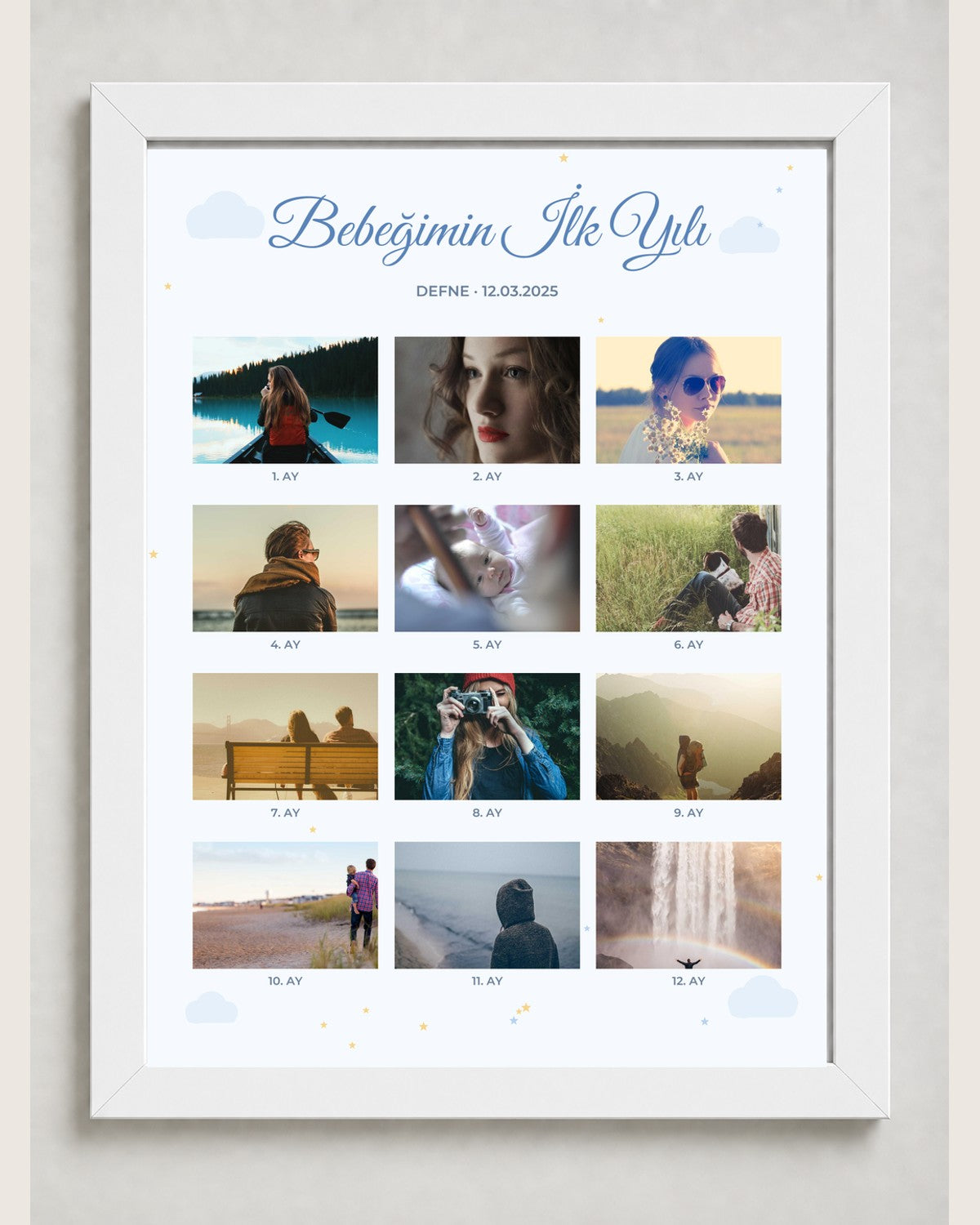 Bebeğin 1 Yılı 12 Fotoğraflı 30x40 Çerçeve beyaz çerçeve