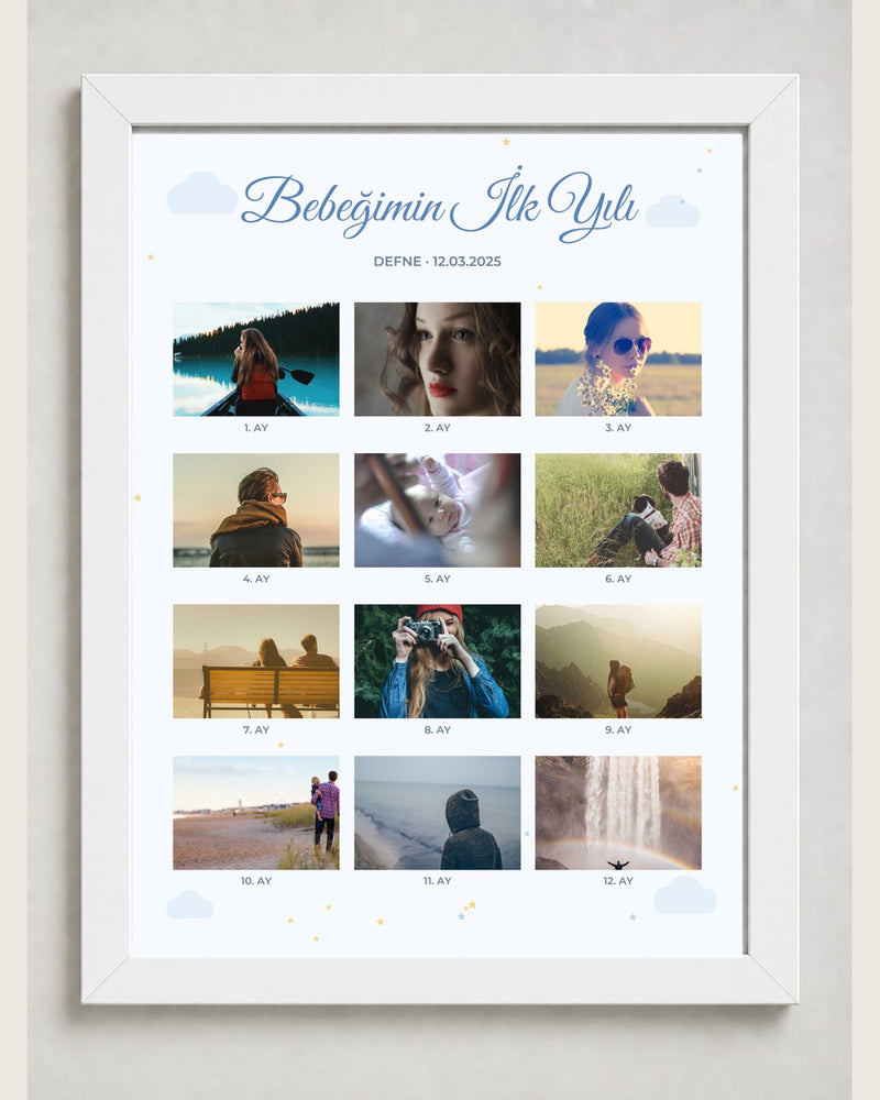 Bebeğin 1 Yılı 12 Fotoğraflı 30x40 Çerçeve beyaz çerçeve