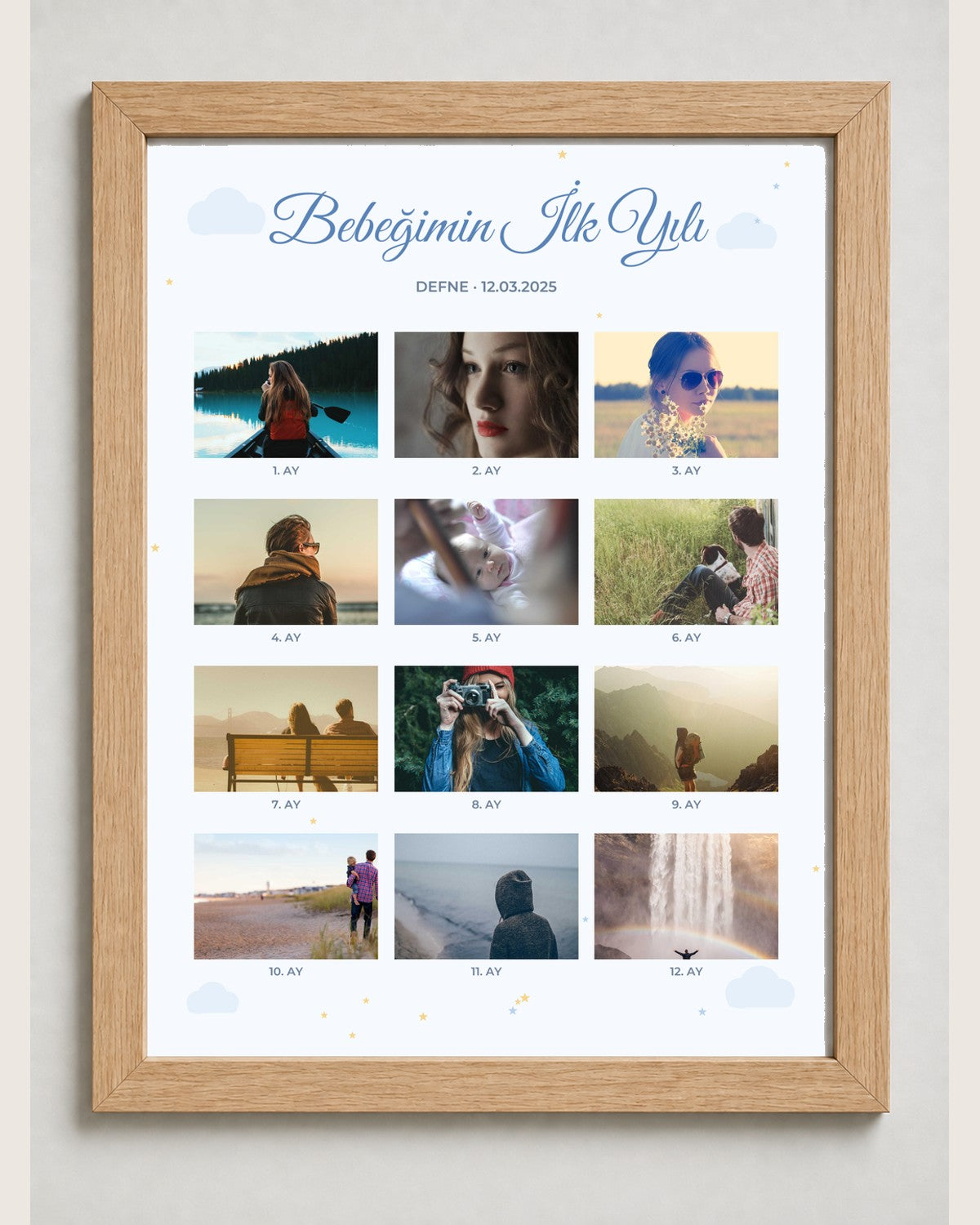 Bebeğin 1 Yılı 12 Fotoğraflı 30x40 Çerçeve naturel çerçeve