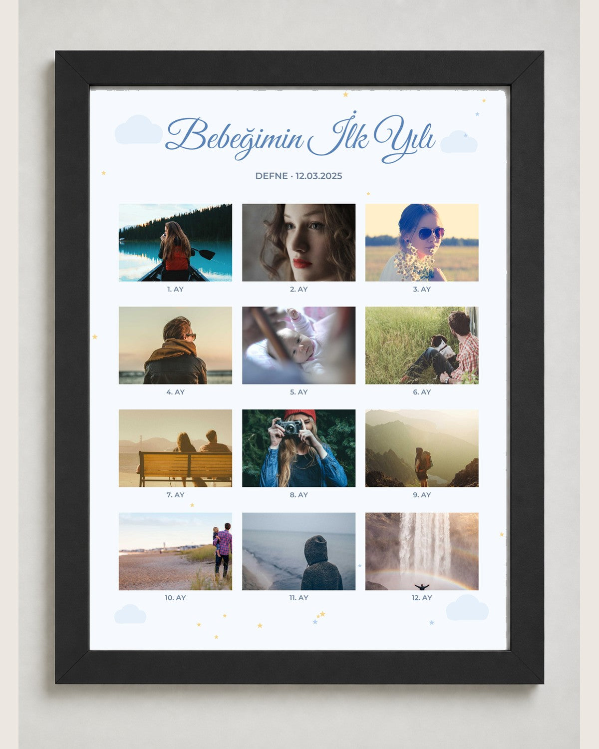 Bebeğin 1 Yılı 12 Fotoğraflı 30x40 Çerçeve siyah çerçeve