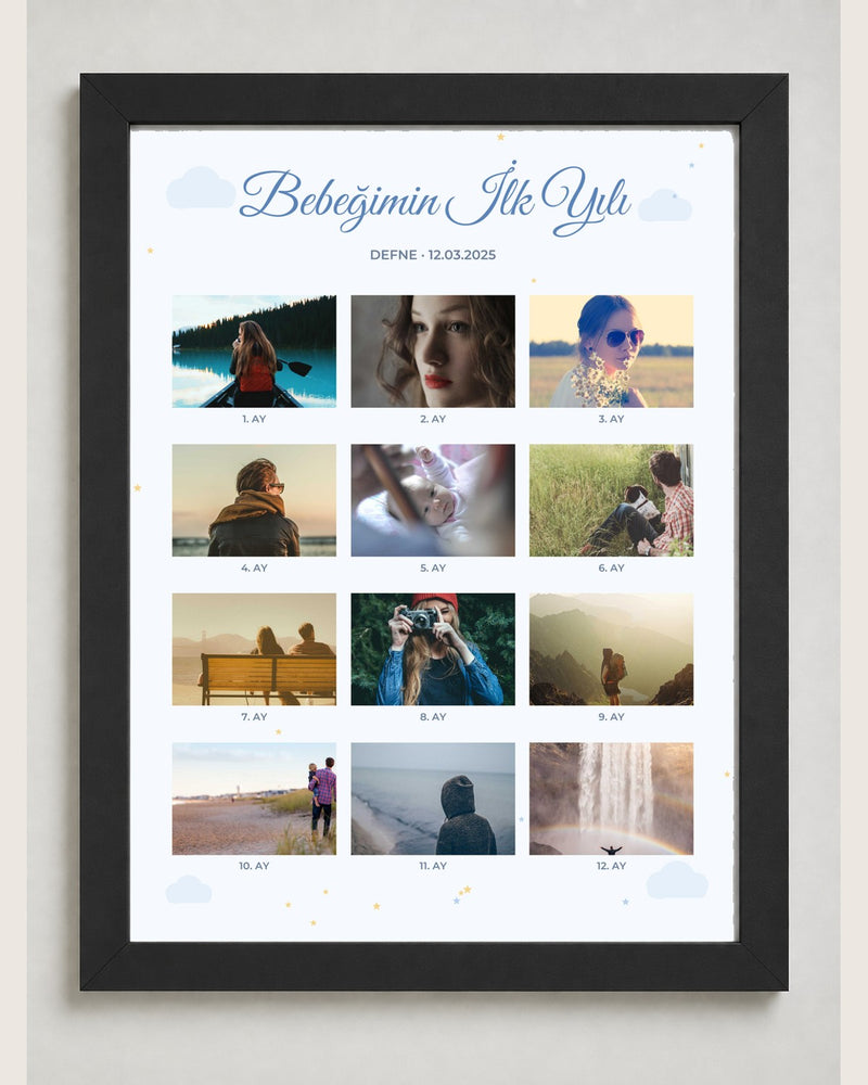 Bebeğin 1 Yılı 12 Fotoğraflı 30x40 Çerçeve siyah çerçeve