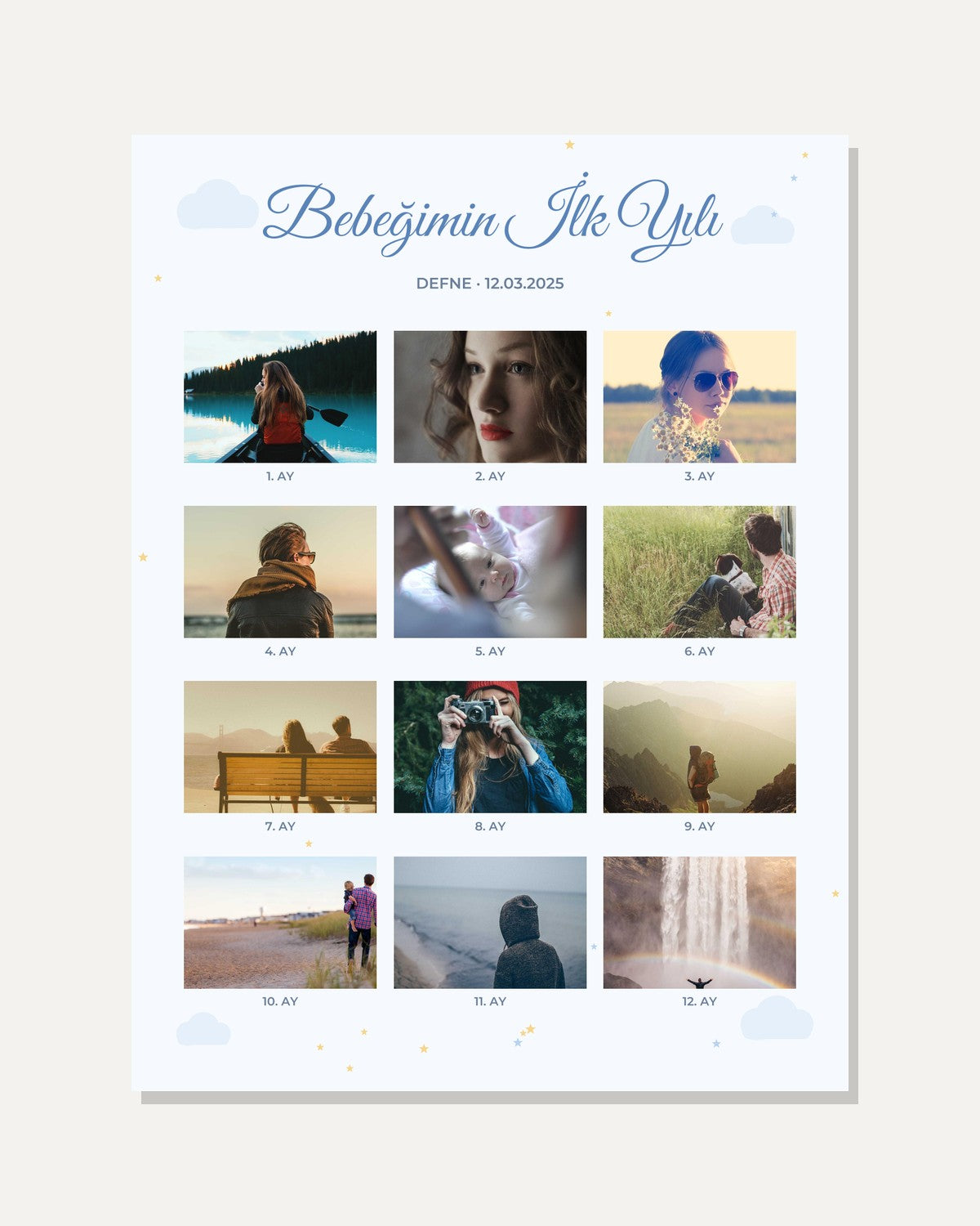 Bebeğin 1 Yılı 12 Fotoğraflı 30x40 Çerçeve kişiye özel tasarım önizlemesi