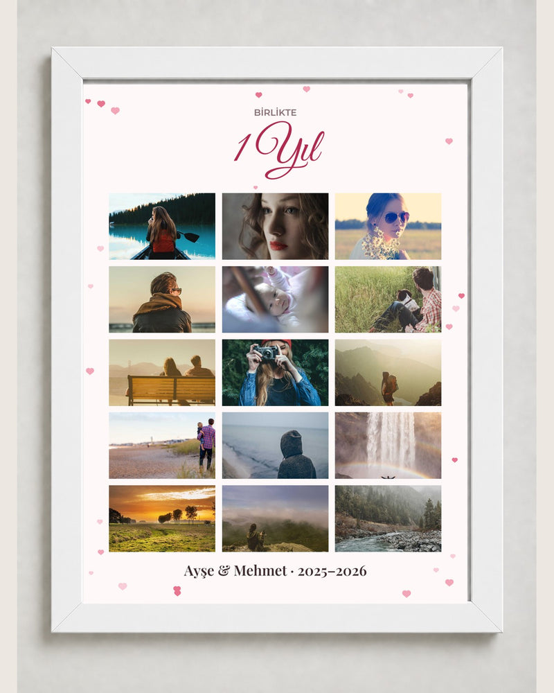 Birlikte 1 Yıl 15 Fotoğraflı 30x40 Çerçeve beyaz çerçeve