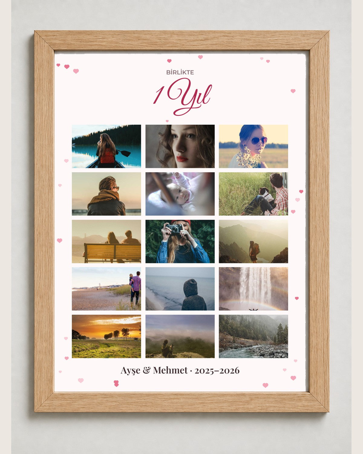 Birlikte 1 Yıl 15 Fotoğraflı 30x40 Çerçeve naturel çerçeve