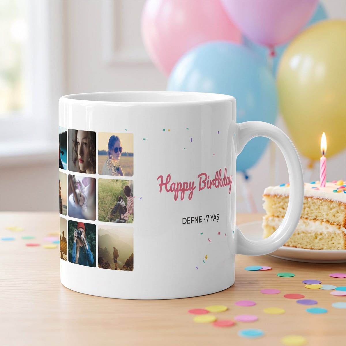 Happy Birthday 9 Fotoğraflı Kupa – beyaz seramik kupa üzerinde temsili baskı görseli