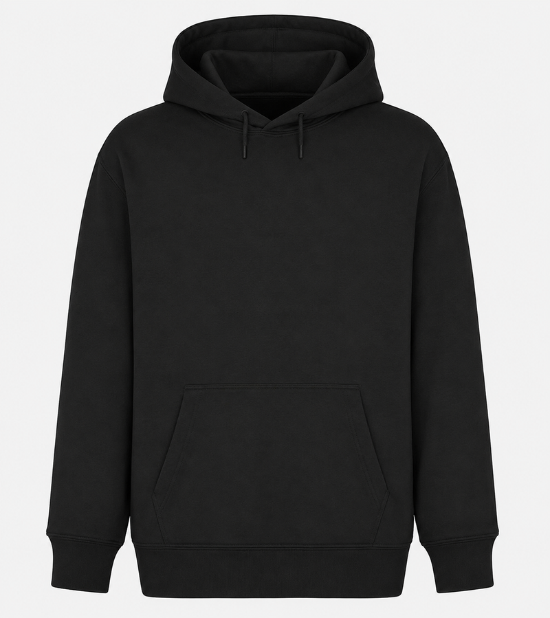 Kişiye özel kapüşonlu sweatshirt siyah ön görünüm baskı alanı