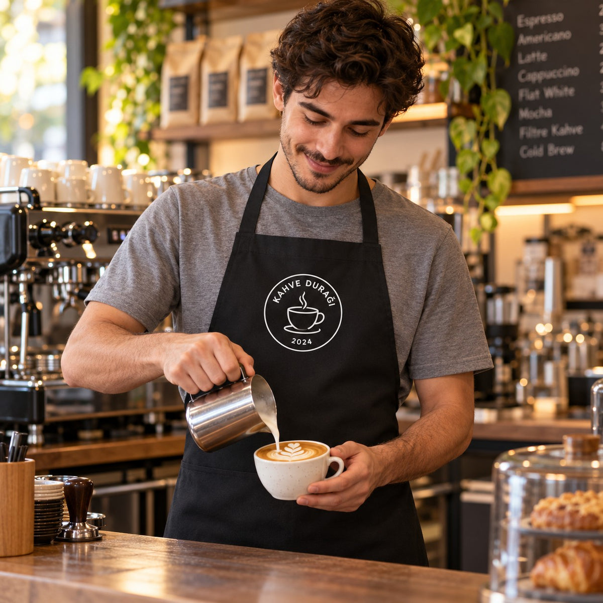 Kafe logosu baskılı kişiye özel siyah önlük giyen barista (temsili görsel)