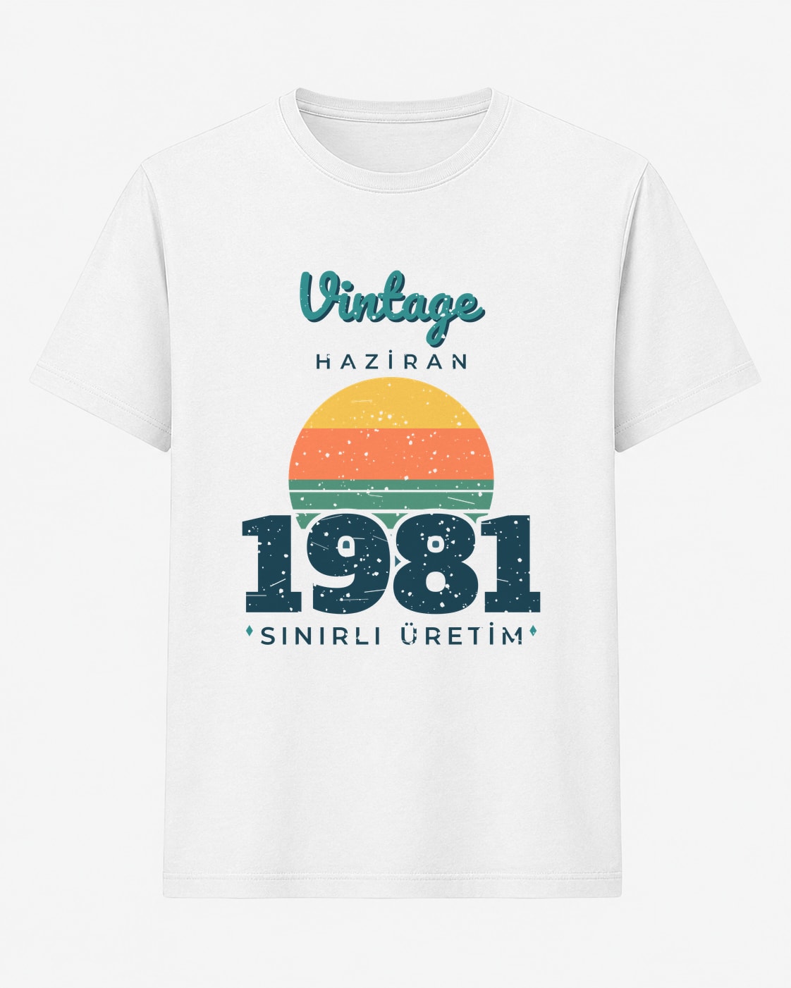 Vintage 1981 doğum yılı baskılı beyaz unisex tişört, gün batımı retro tasarım