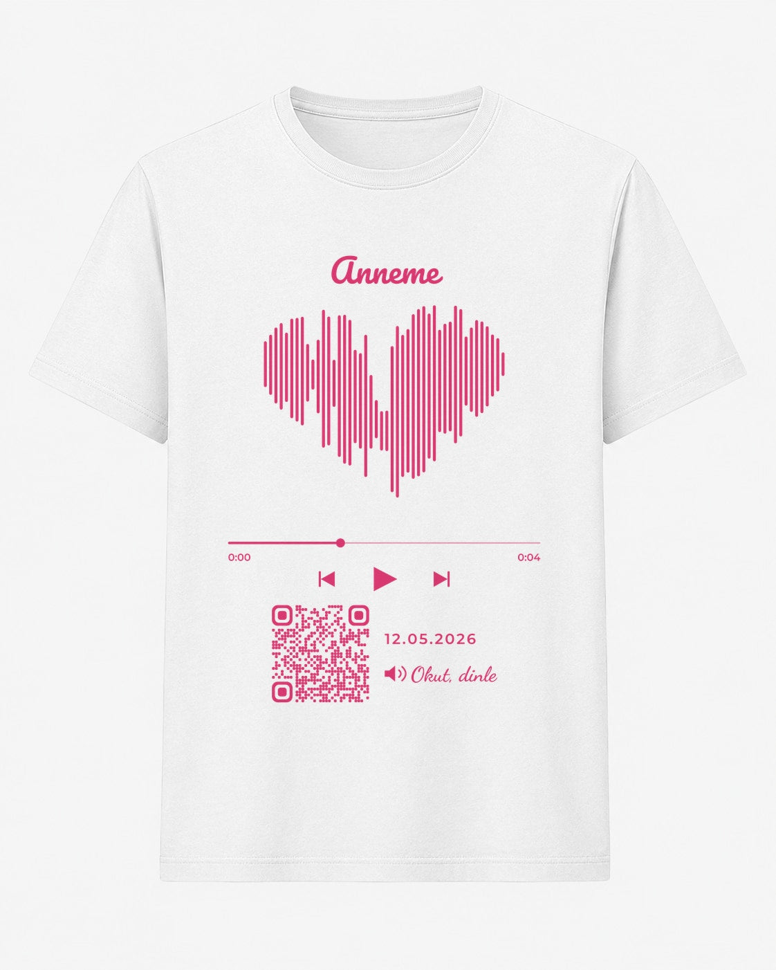 Anneme kalp ses dalgası ve QR kodlu beyaz unisex tişört