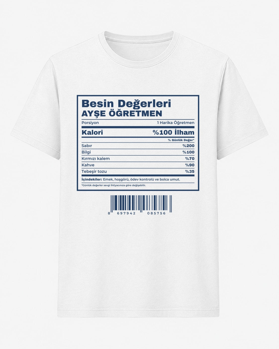 Öğretmen besin değerleri etiketi baskılı beyaz unisex tişört