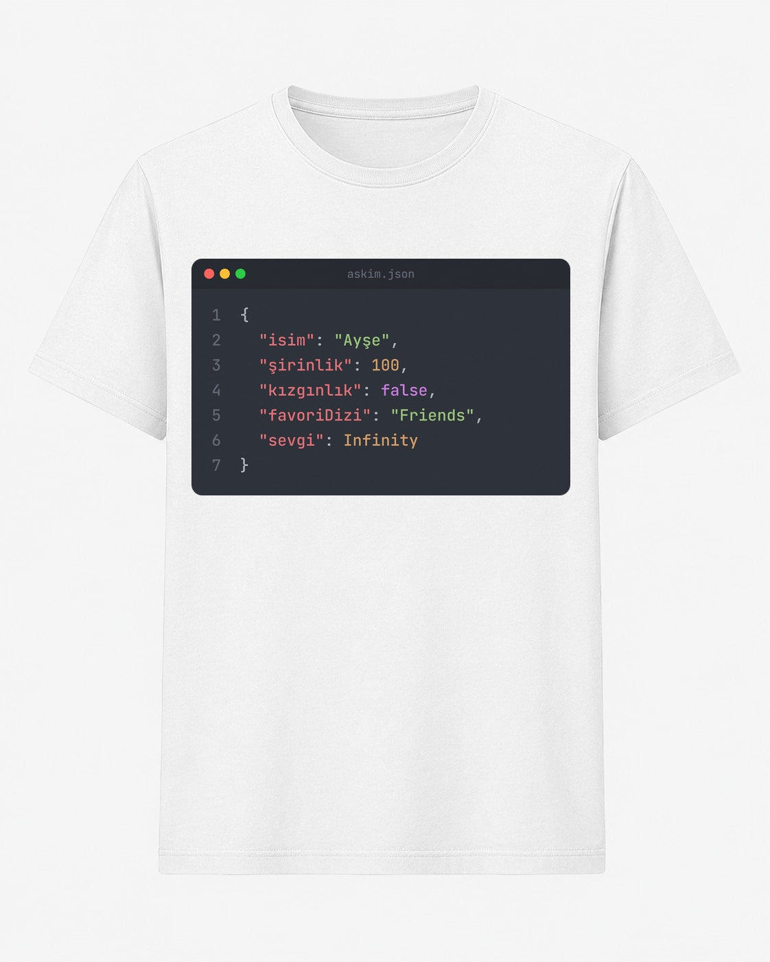 Sevgili JSON profili baskılı beyaz yazılımcı tişörtü