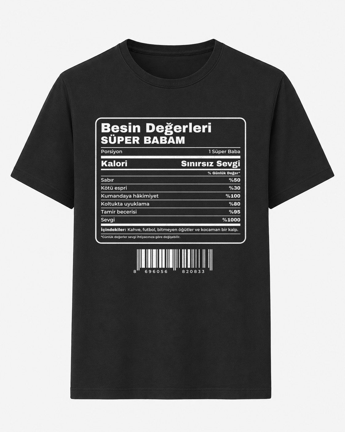 Süper Babam besin değerleri etiketi baskılı siyah normal kalıp tişört