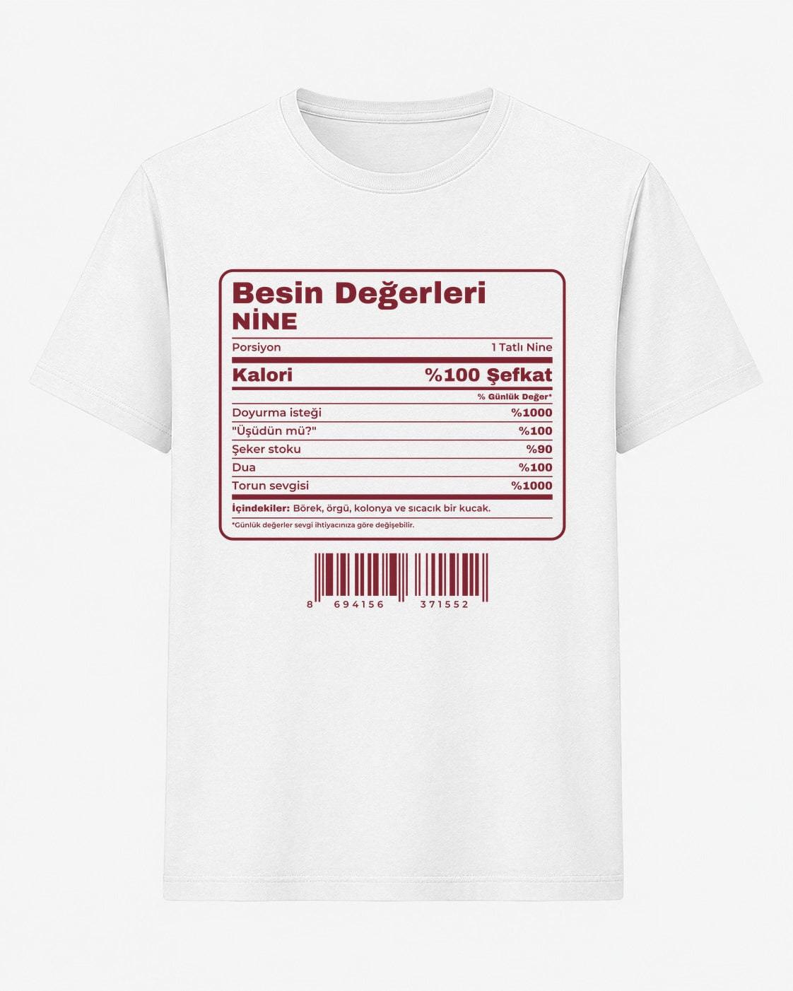 Nine besin değerleri etiketi baskılı beyaz tişört