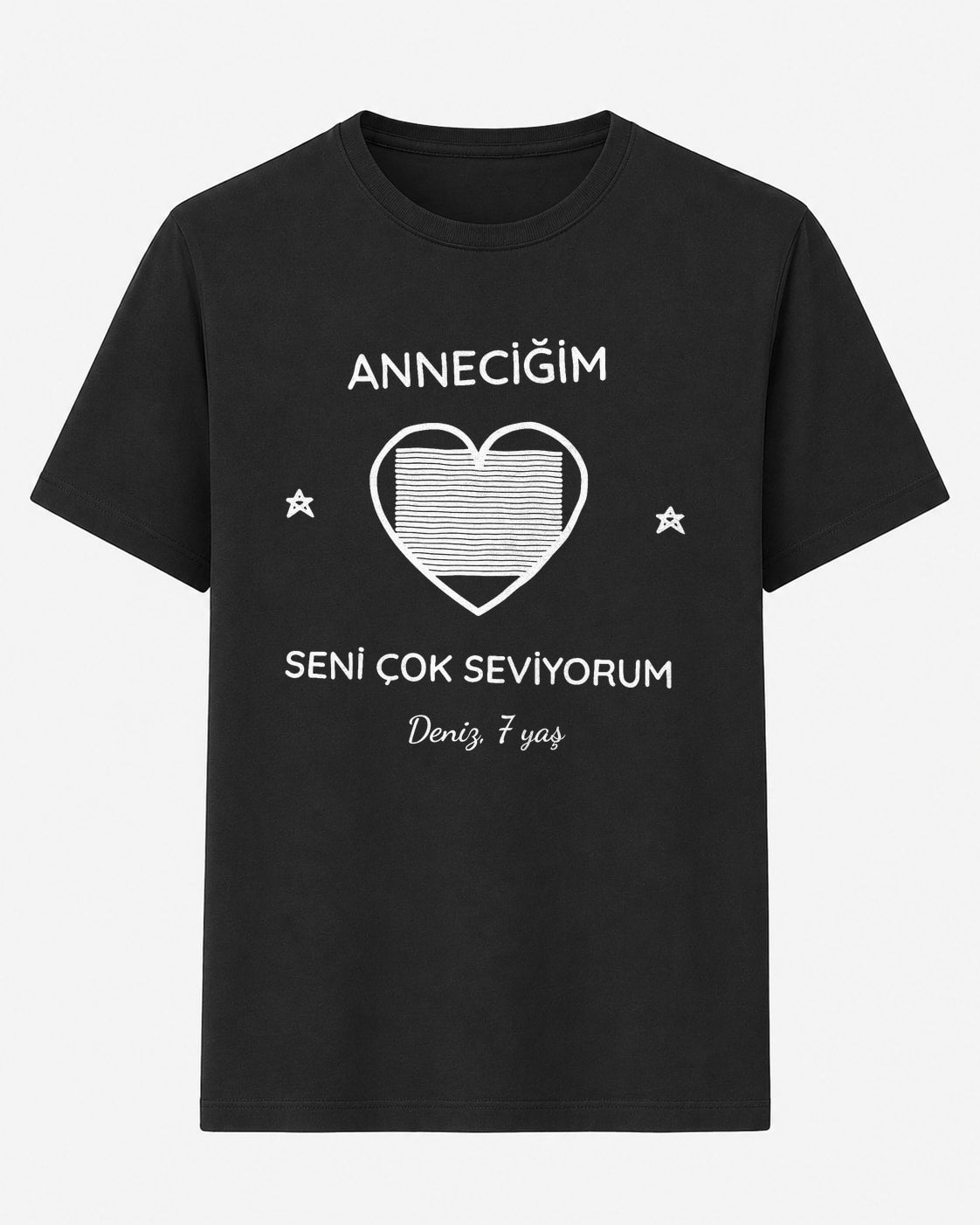 Beyaz çizgiyle çocuk çizimi baskılı siyah unisex tişört