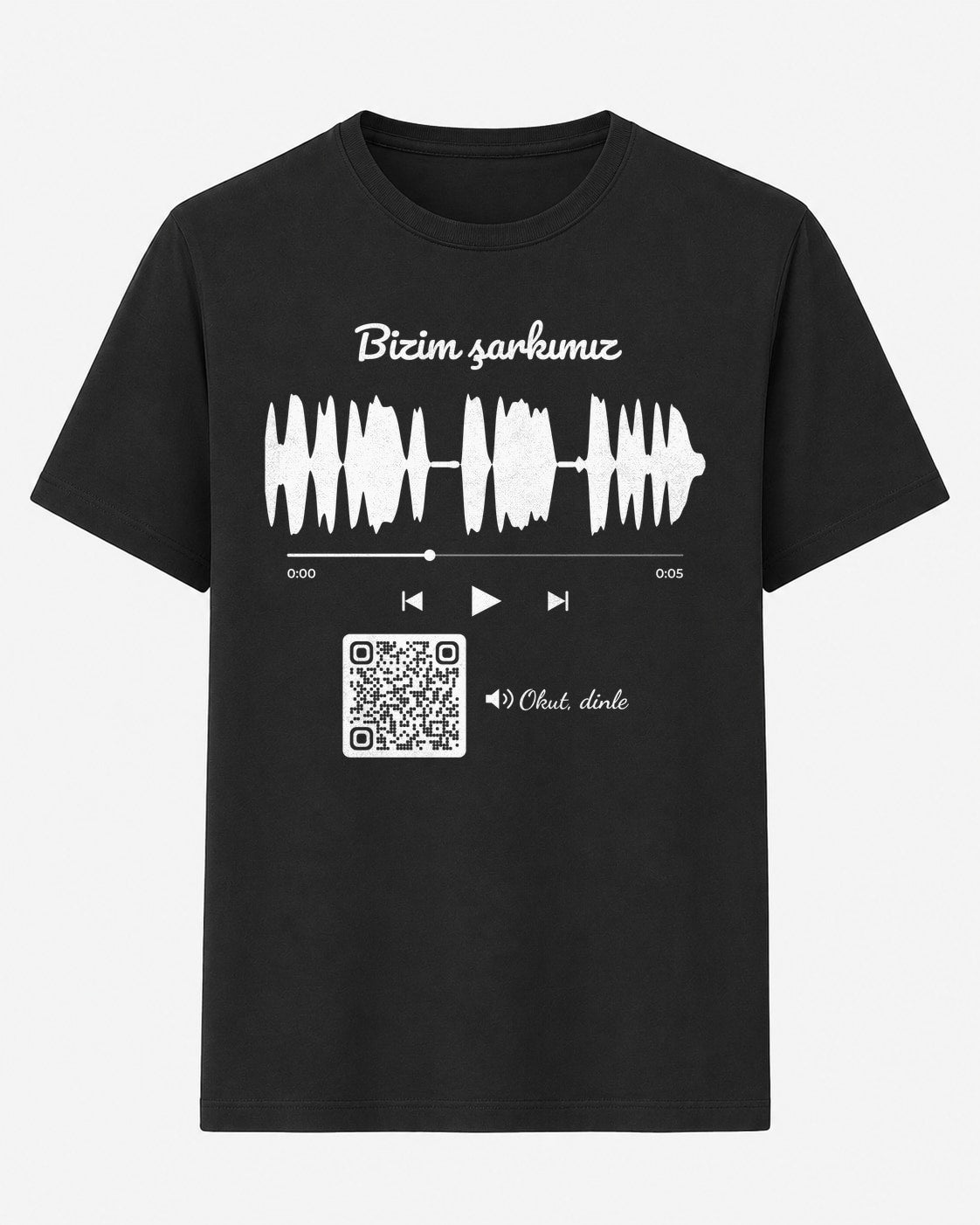 Bizim şarkımız ses dalgası ve QR kodlu siyah unisex tişört