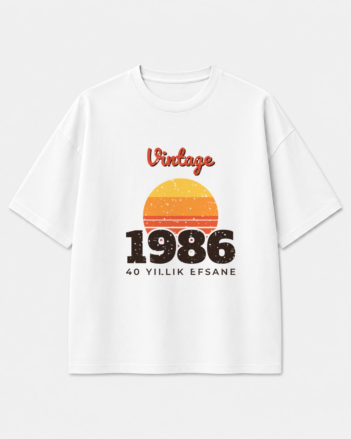 Vintage 1986 doğum yılı baskılı beyaz oversize tişört, gün batımı retro tasarım