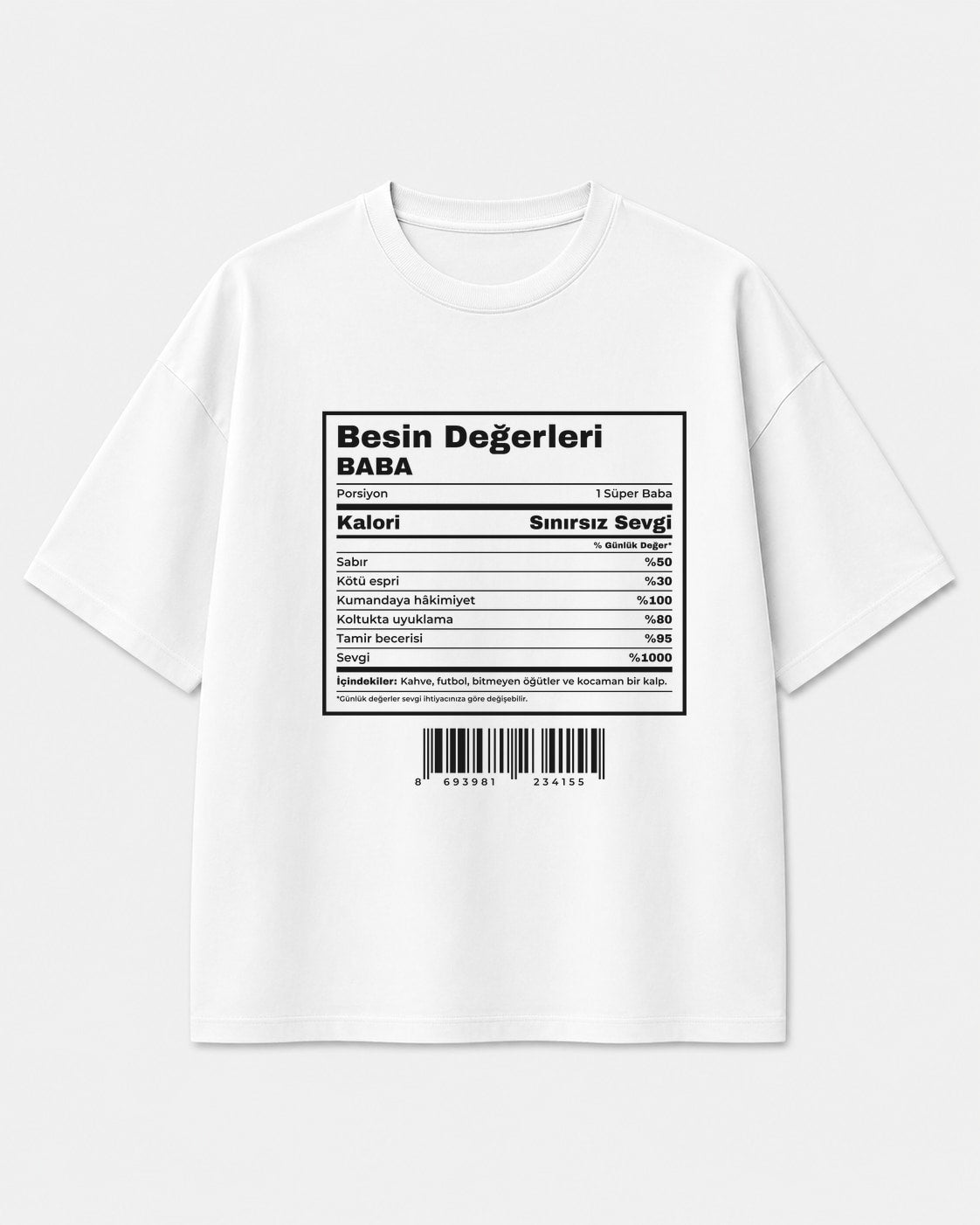 Baba besin değerleri etiketi baskılı beyaz oversize tişört