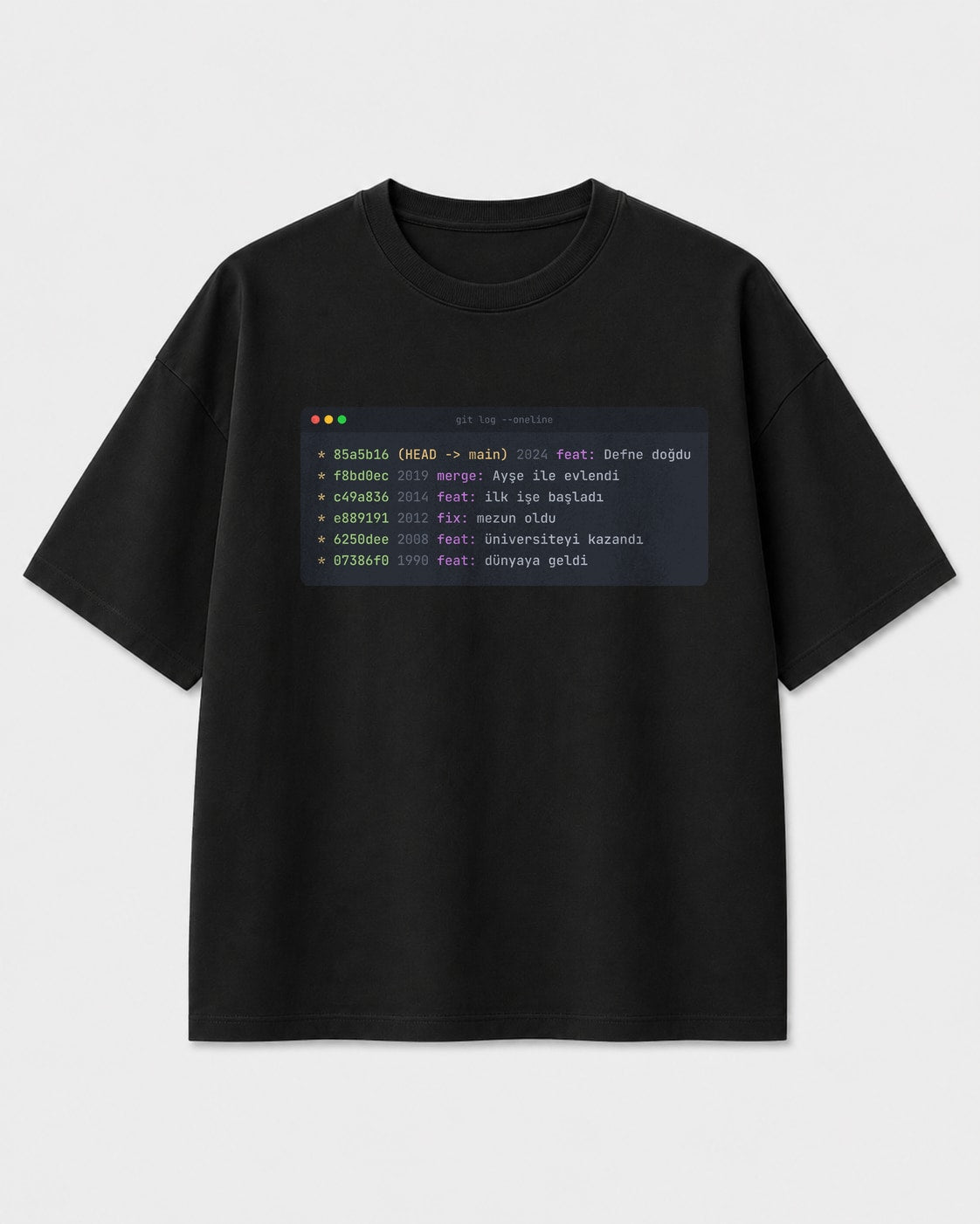 Git log hayat hikâyesi baskılı siyah oversize yazılımcı tişörtü