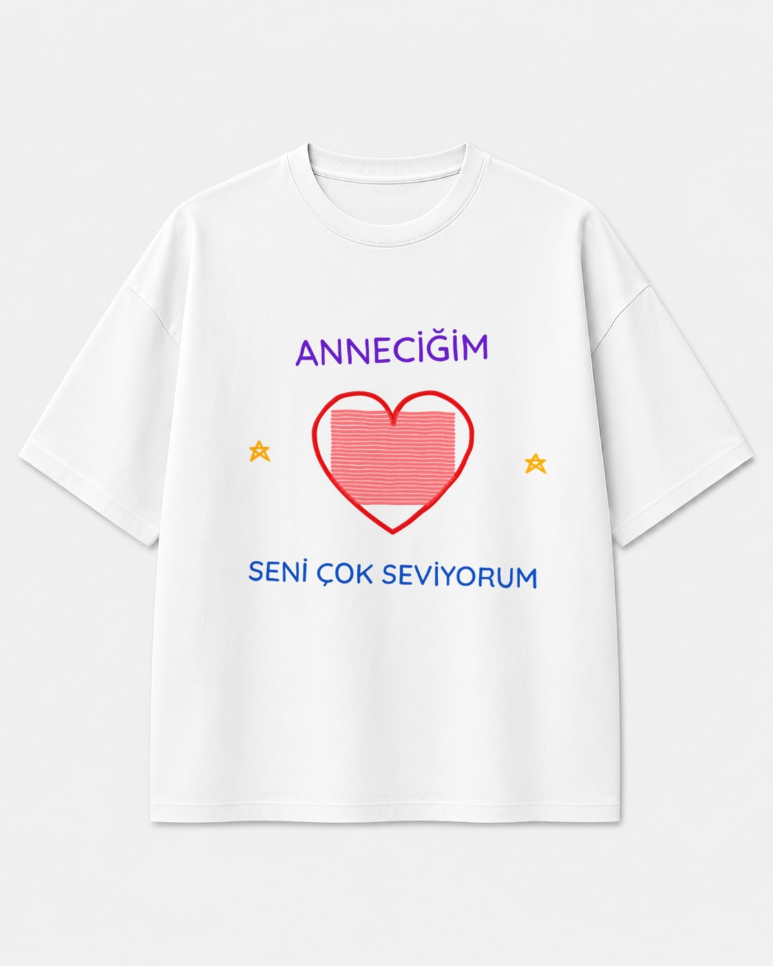 Anneciğim seni çok seviyorum çocuk çizimi beyaz oversize tişört