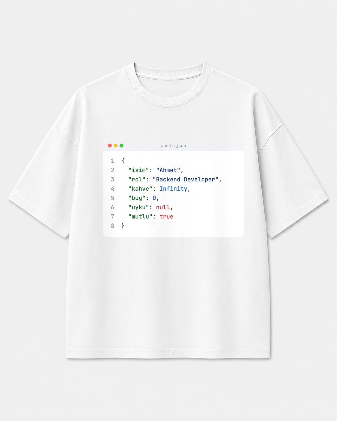 Kişi JSON profili baskılı beyaz oversize yazılımcı tişörtü