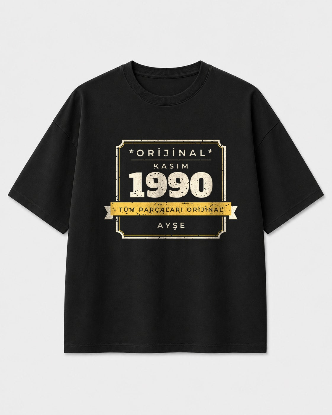 İsimli vintage etiket tasarımlı siyah oversize doğum günü tişörtü