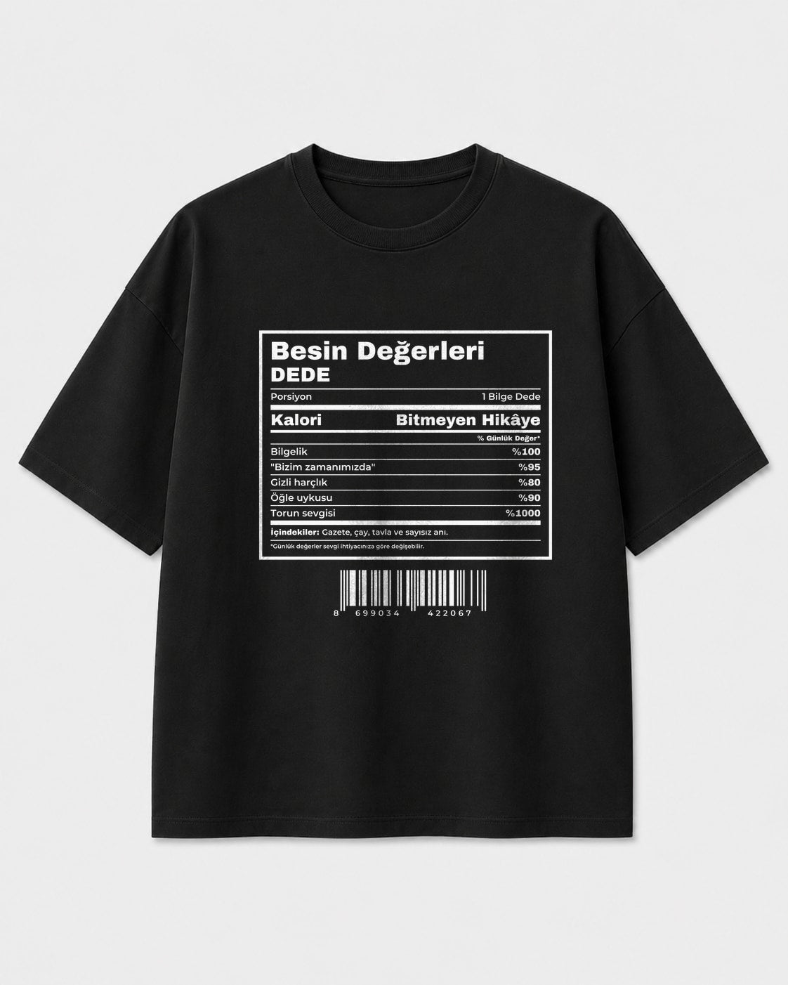 Dede besin değerleri etiketi baskılı siyah oversize tişört