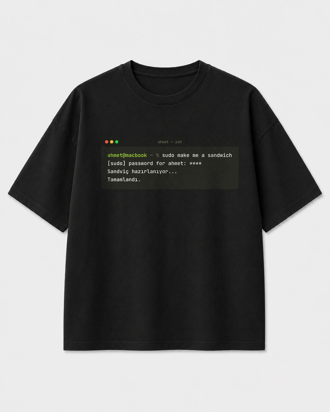 Terminal sudo make me a sandwich baskılı siyah oversize tişört