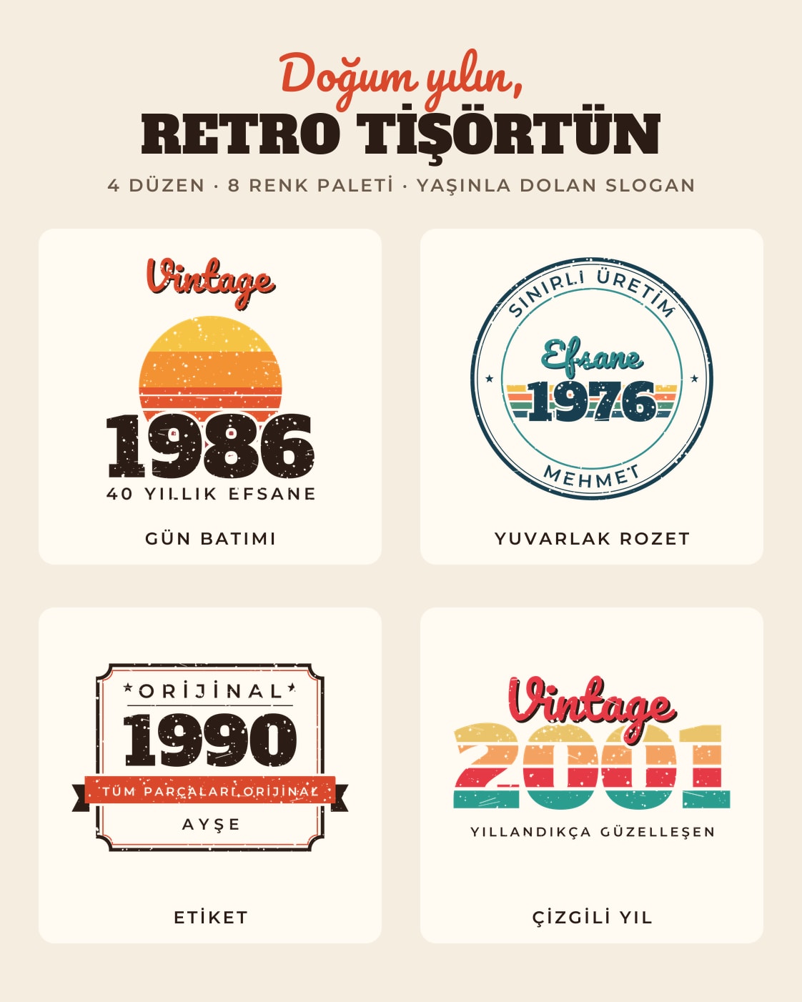 Retro doğum yılı tişörtü için 4 tasarım düzeni: gün batımı, rozet, etiket, çizgili yıl