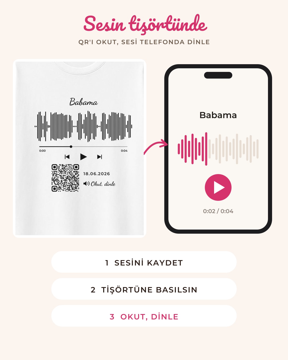 Ses dalgası tişörtündeki QR kod okutulunca telefonda çalan ses