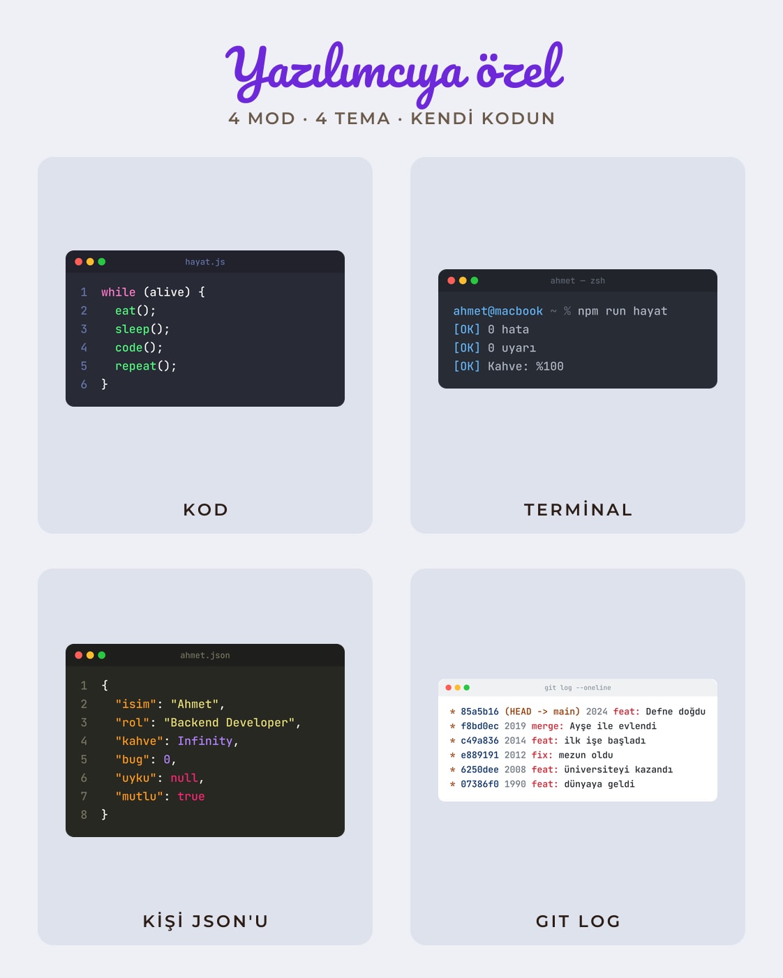 Yazılımcı tişörtü için kod, terminal, JSON ve git log modları